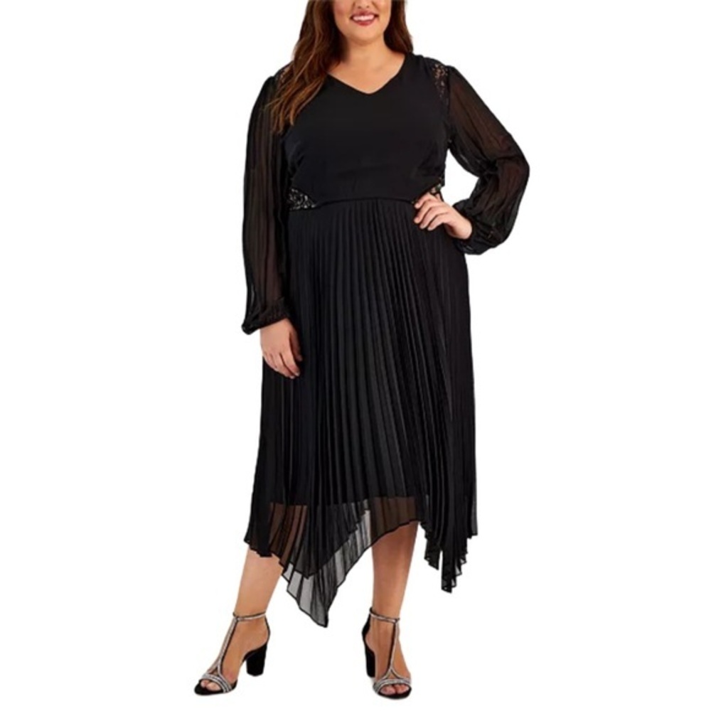 Taylor Black plus Size Pleated Chiffon Lace-Inset A-Line Dress size 22W NWT